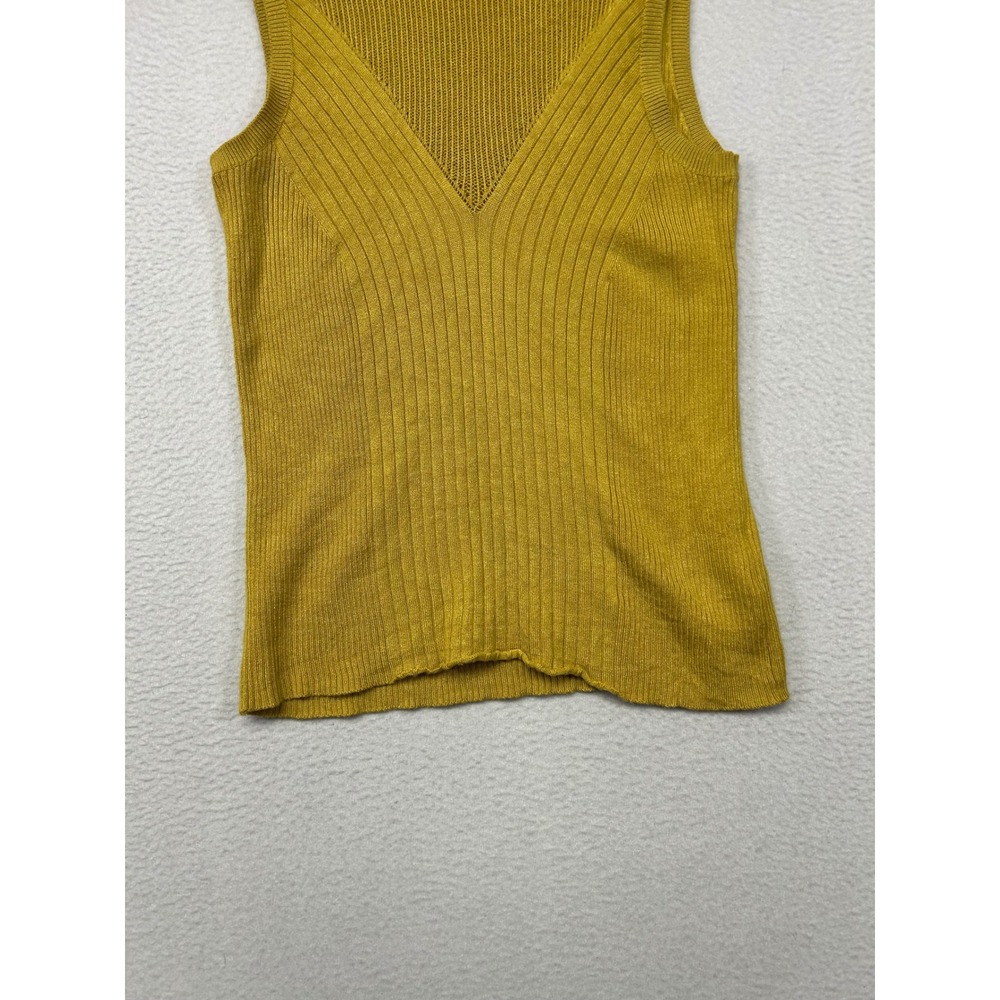 Express Ribbed Knit Tank Top Womens Small Mustard Yellow Pointelle Mesh Top - Picture 8 of 9